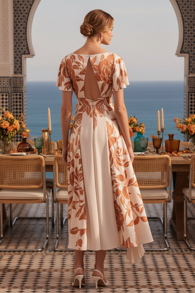 Vestido Midi Asimétrico con Cuello Barco y Estampado Floral