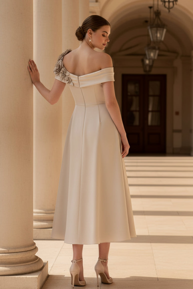 Elegante vestido midi con línea A y un solo hombro con flores 3D