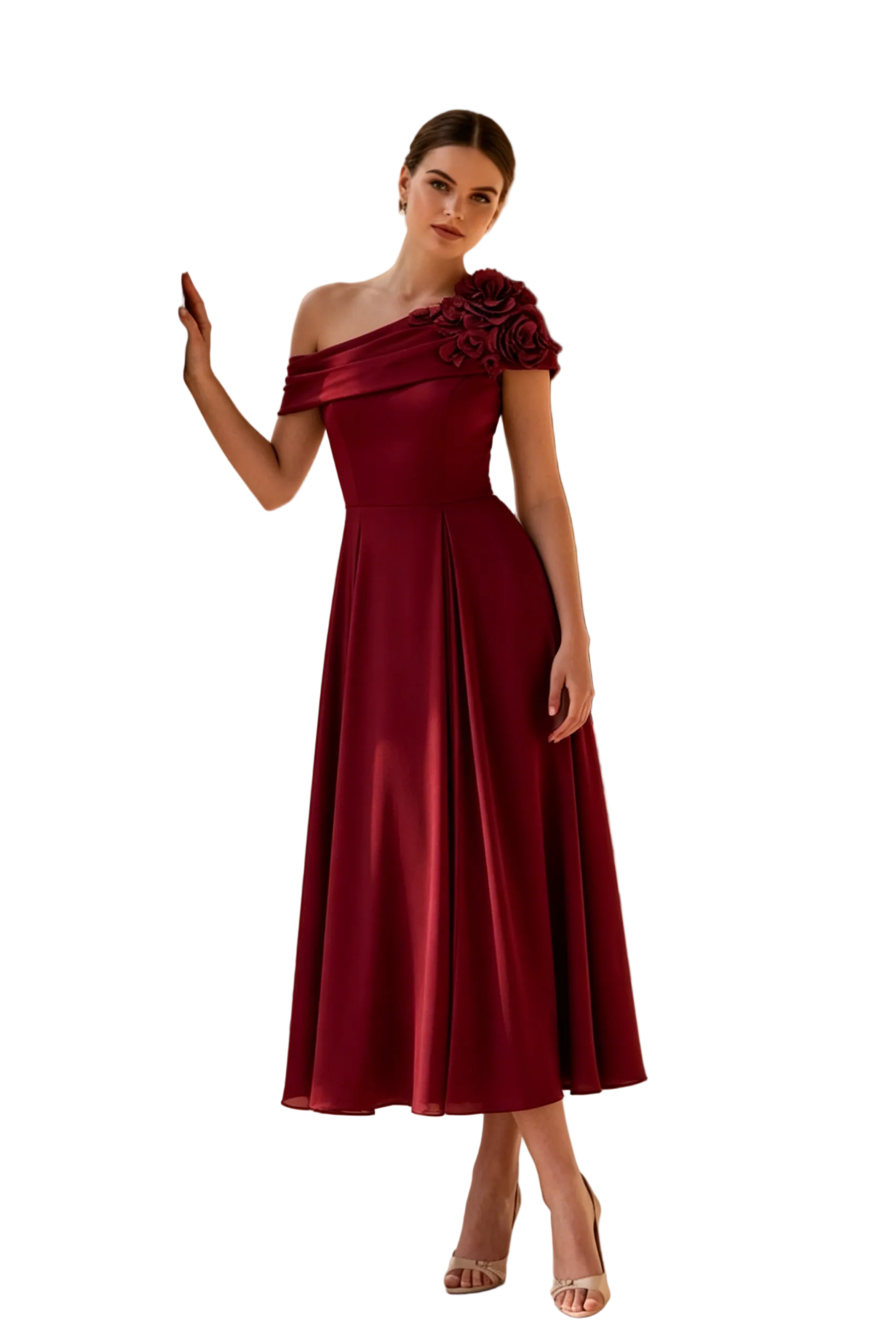 Elegante vestido midi con línea A y un solo hombro con flores 3D