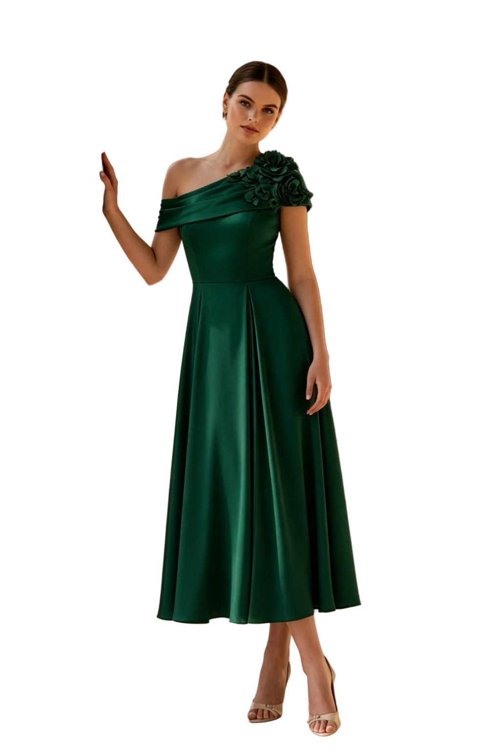 Elegante vestido midi con línea A y un solo hombro con flores 3D