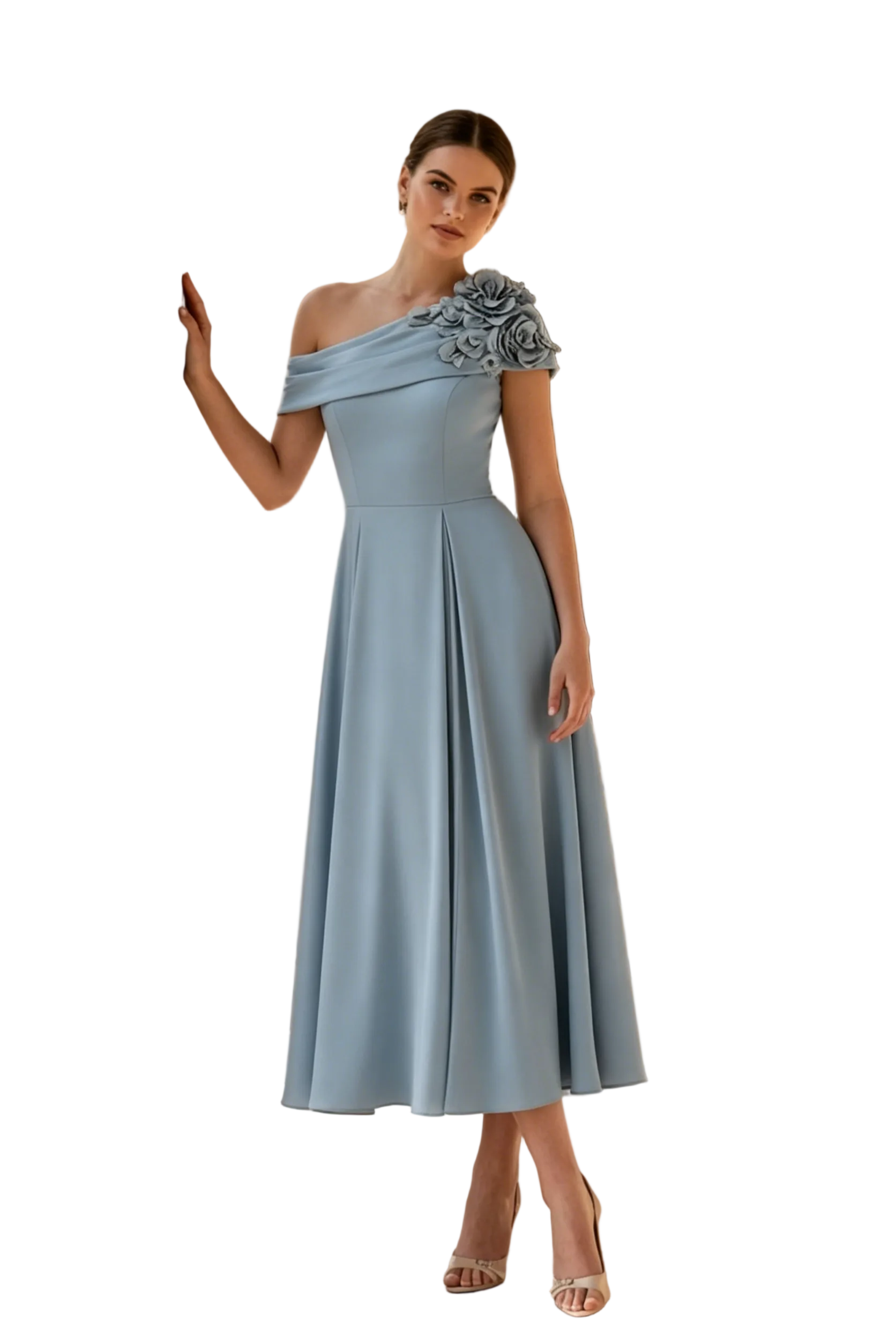 Elegante vestido midi con línea A y un solo hombro con flores 3D