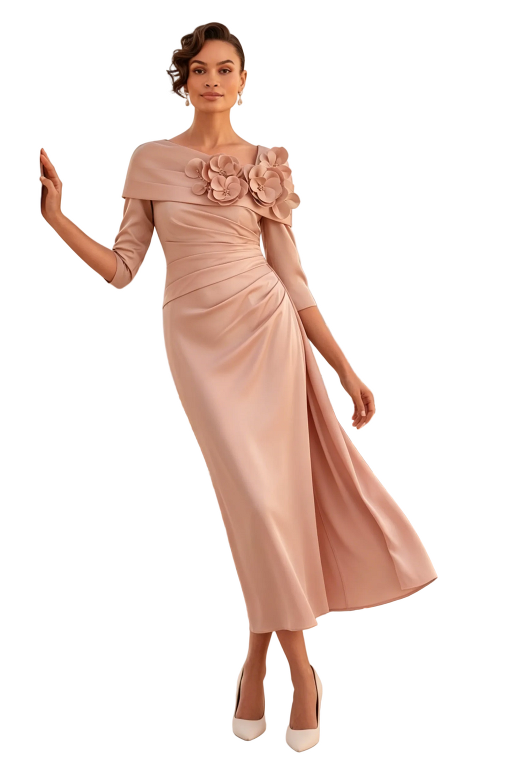 Vestido midi de cuello barco y manga francesa con flores 3D