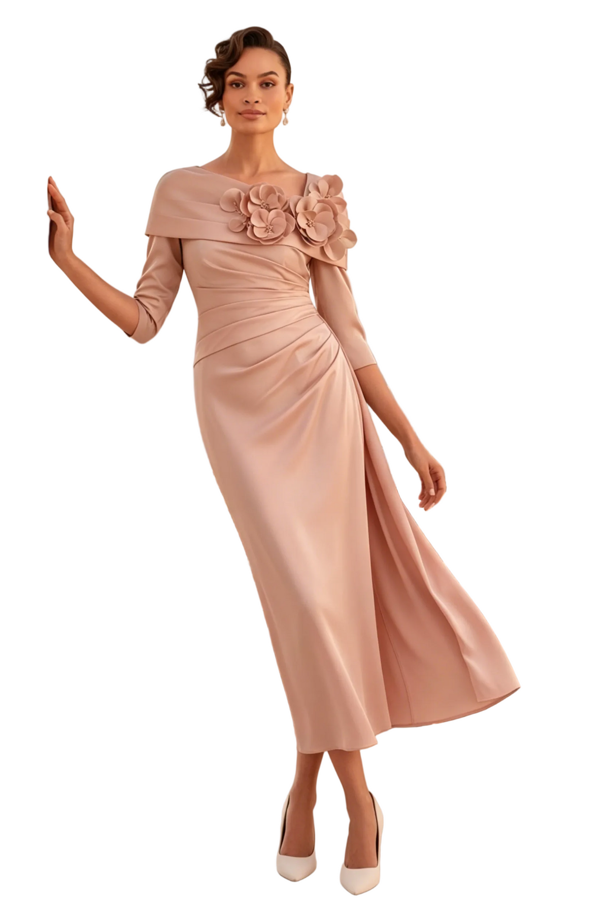 Vestido midi de cuello barco y manga francesa con flores 3D