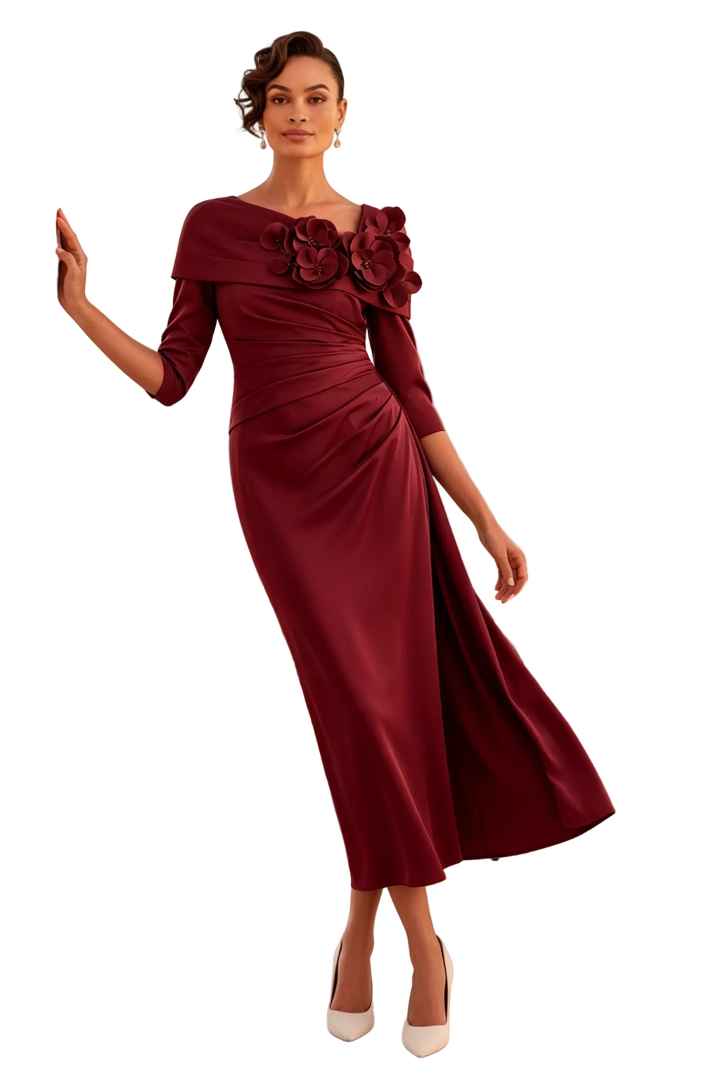 Vestido midi de cuello barco y manga francesa con flores 3D