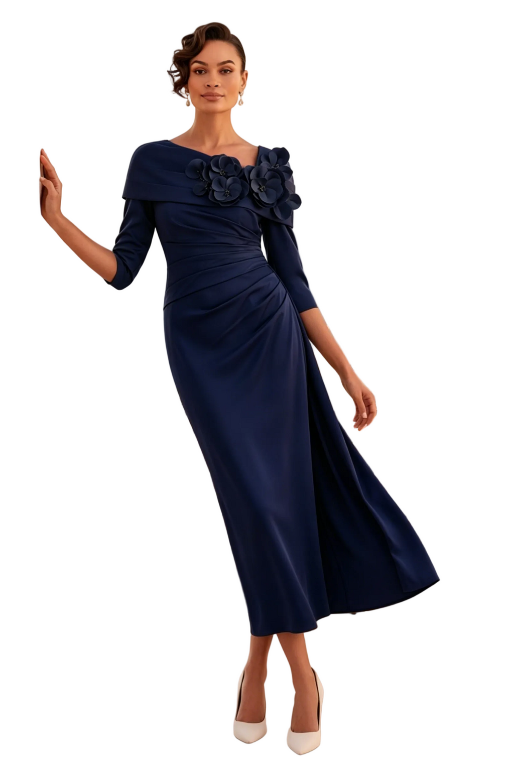Vestido midi de cuello barco y manga francesa con flores 3D