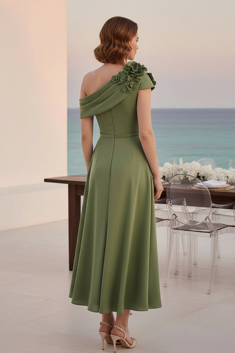Vestido midi acampanado con diseño floral 3D y un solo hombro