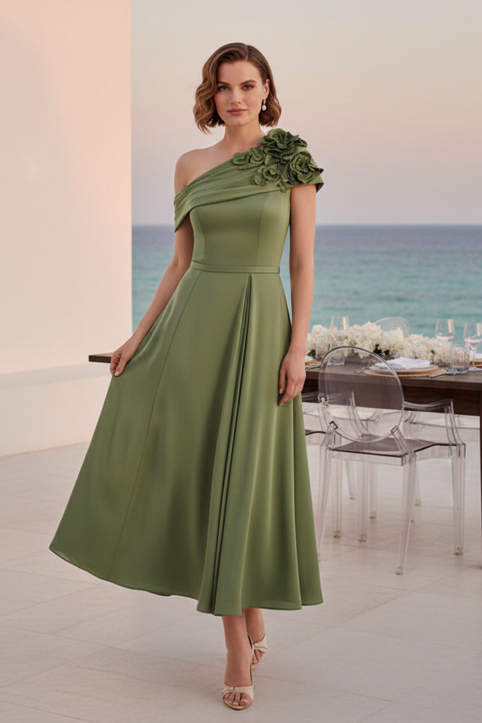 Vestido midi acampanado con diseño floral 3D y un solo hombro