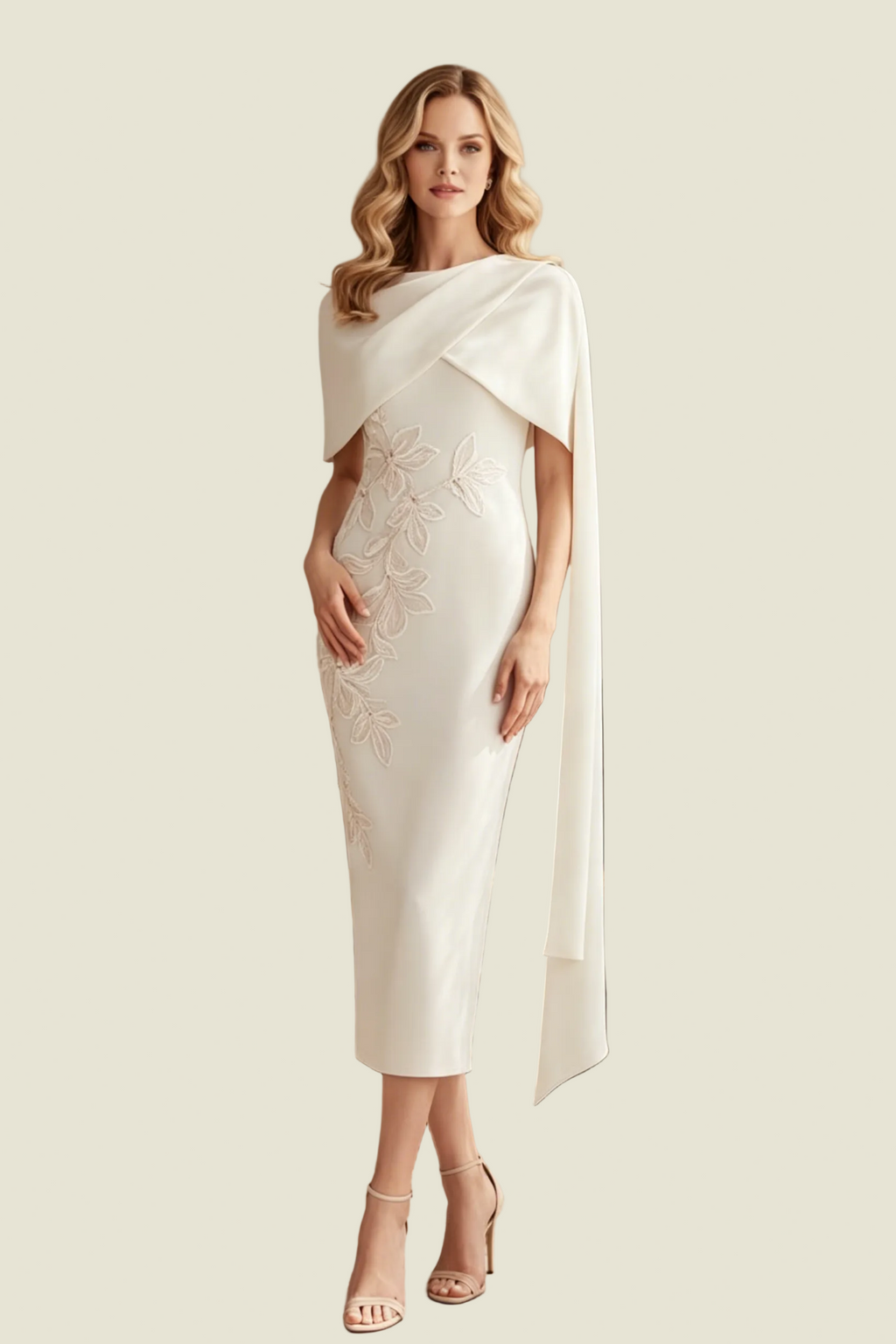 Vestido Midi Entallado con Capa Asimétrica y Aplicaciones