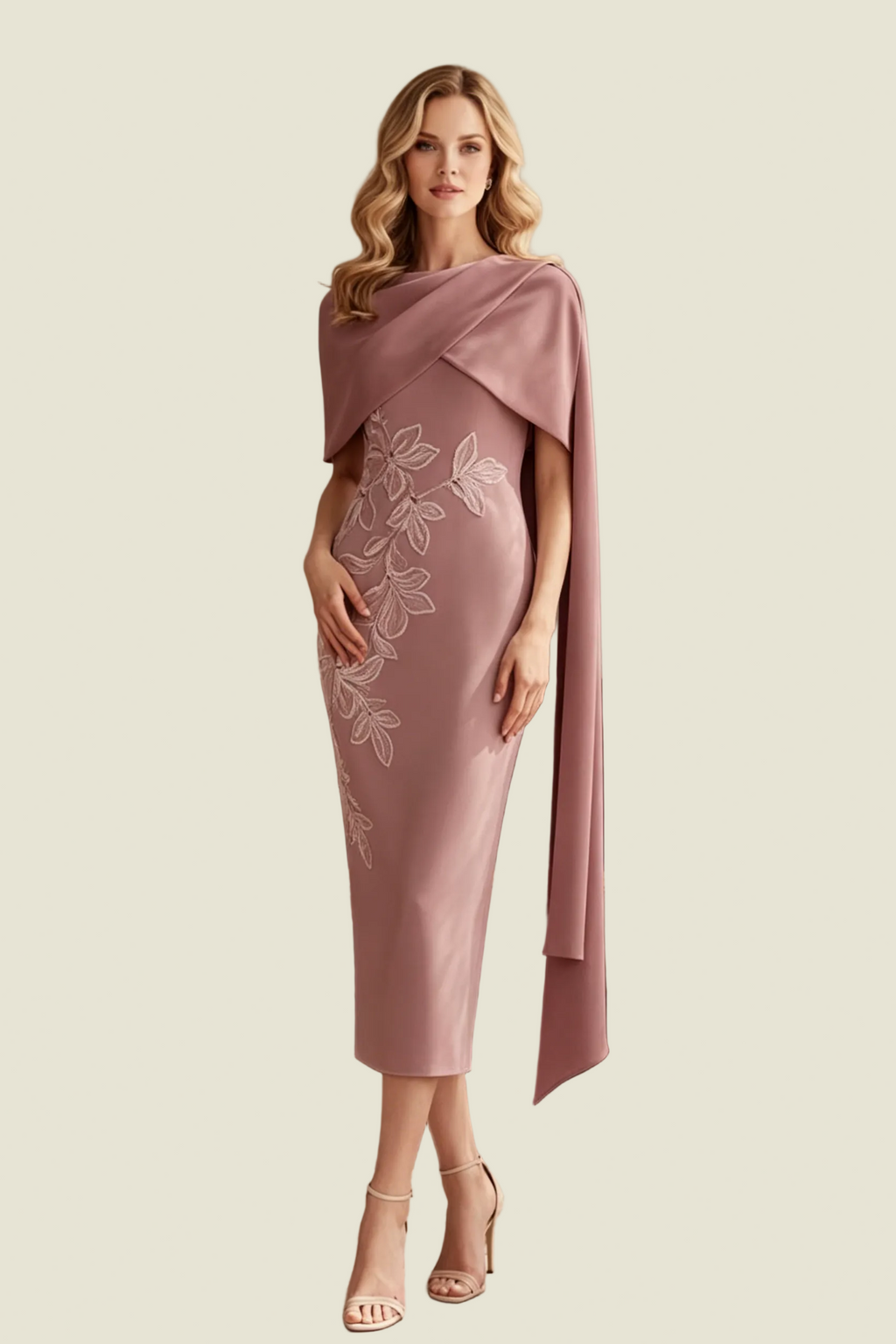 Vestido Midi Entallado con Capa Asimétrica y Aplicaciones