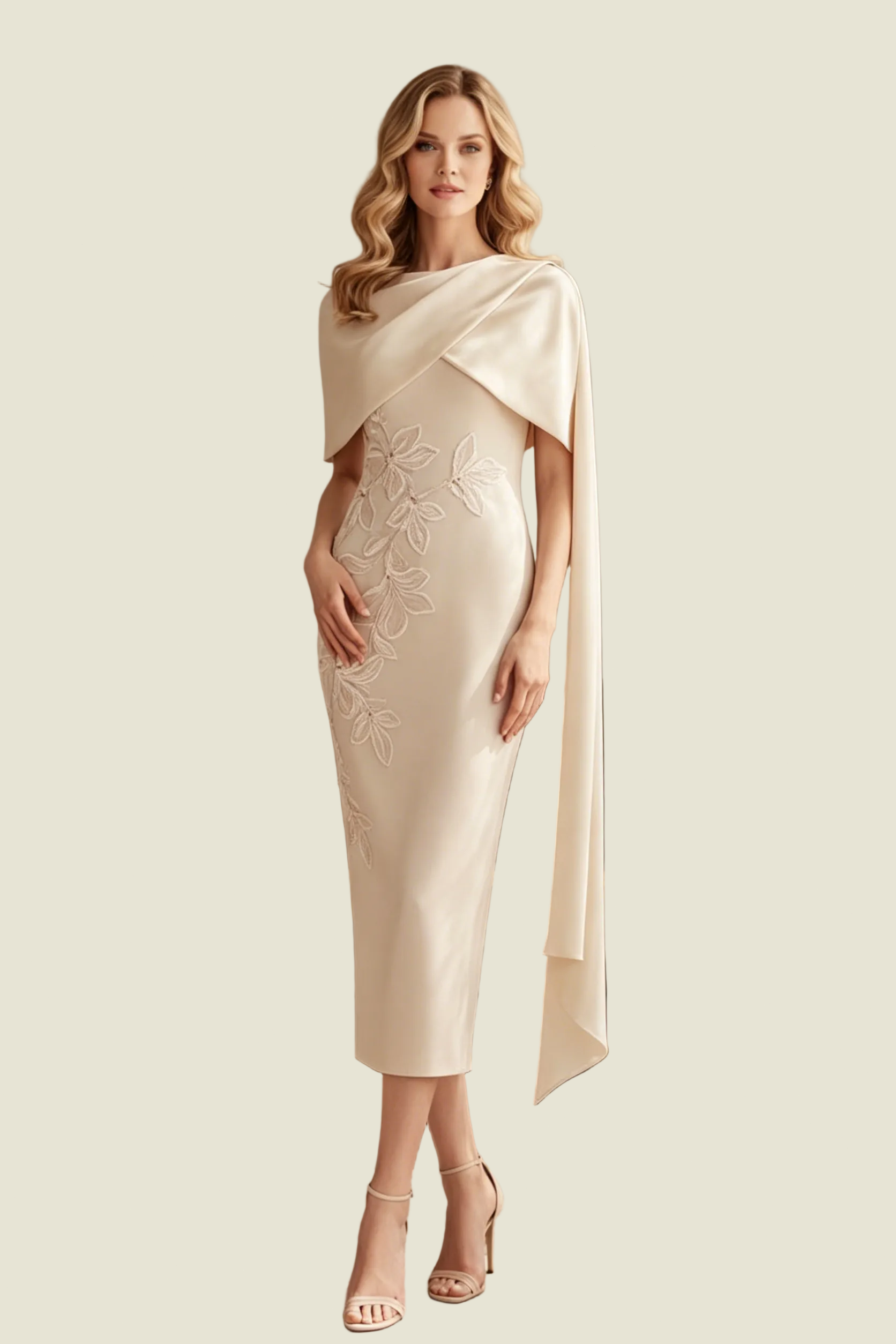 Vestido Midi Entallado con Capa Asimétrica y Aplicaciones