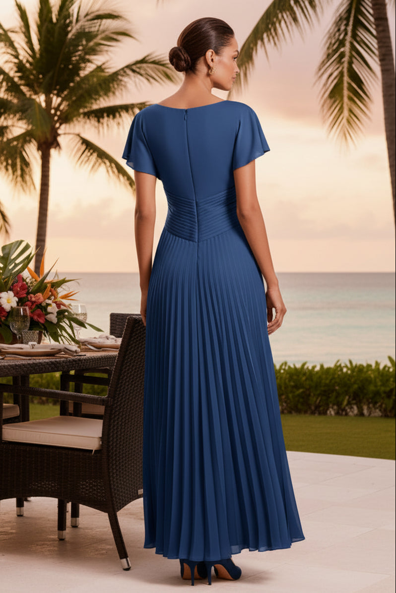 Vestido de noche formal con cuello barco y fruncido lateral