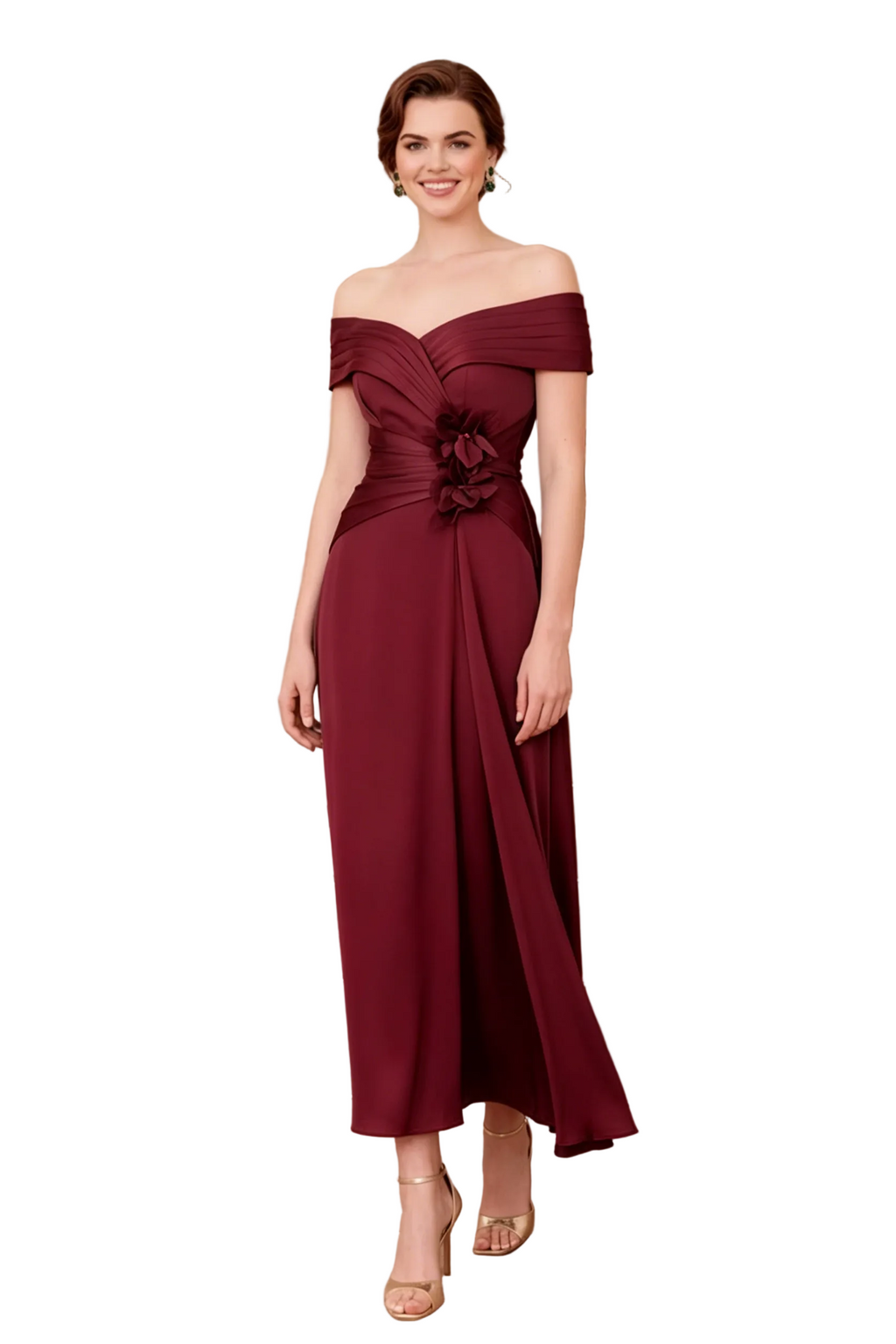 Vestido Midi con Hombros Descubiertos, Corte Evasé y Flores 3D