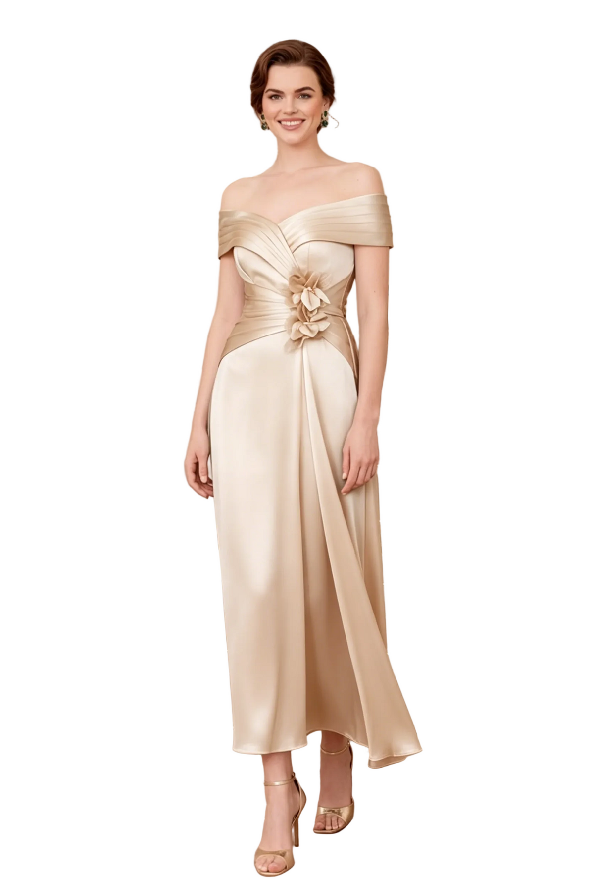 Vestido Midi con Hombros Descubiertos, Corte Evasé y Flores 3D