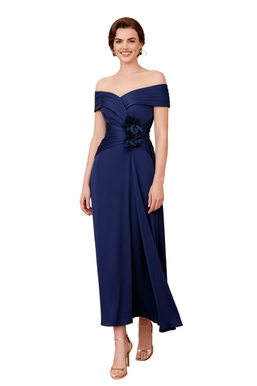 Vestido Midi con Hombros Descubiertos, Corte Evasé y Flores 3D