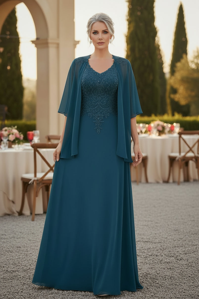 Vestido de gasa con corte en A para la madre de la novia con chaqueta