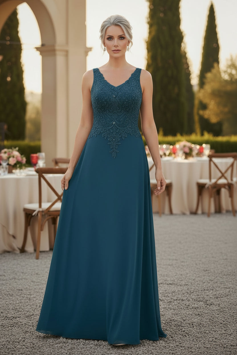 Vestido de gasa con corte en A para la madre de la novia con chaqueta