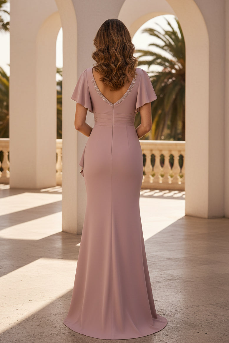 Vestido largo con escote cuadrado, mangas de volantes y cuentas