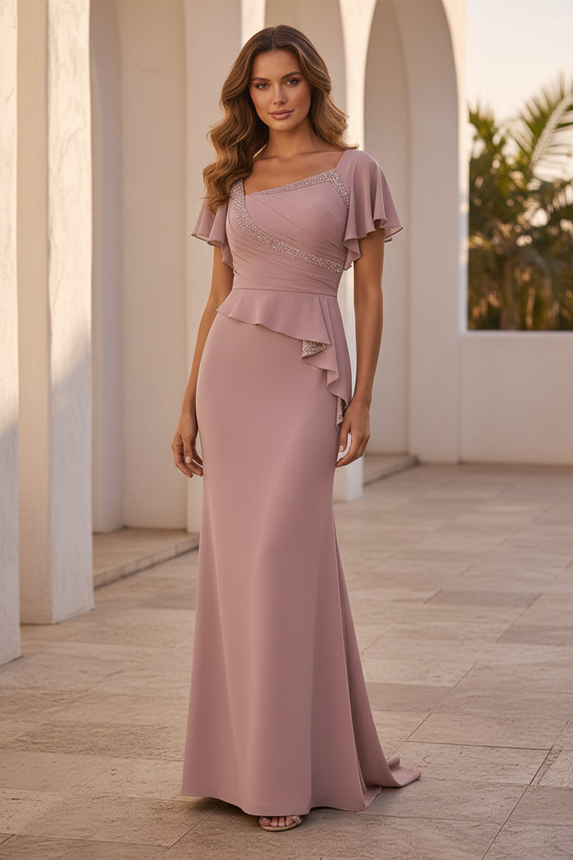 Vestido largo con escote cuadrado, mangas de volantes y cuentas