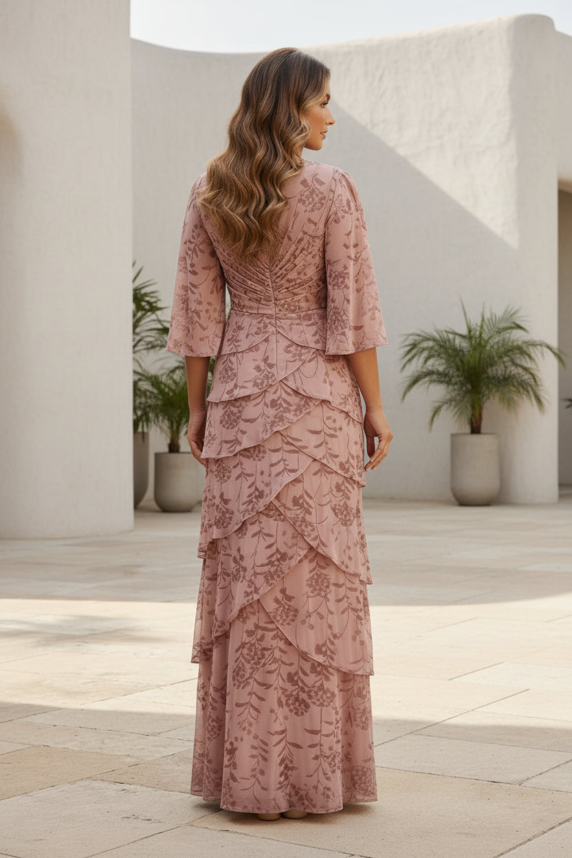 Vestido de Noche con Cuello en V, Escalonado y Floral