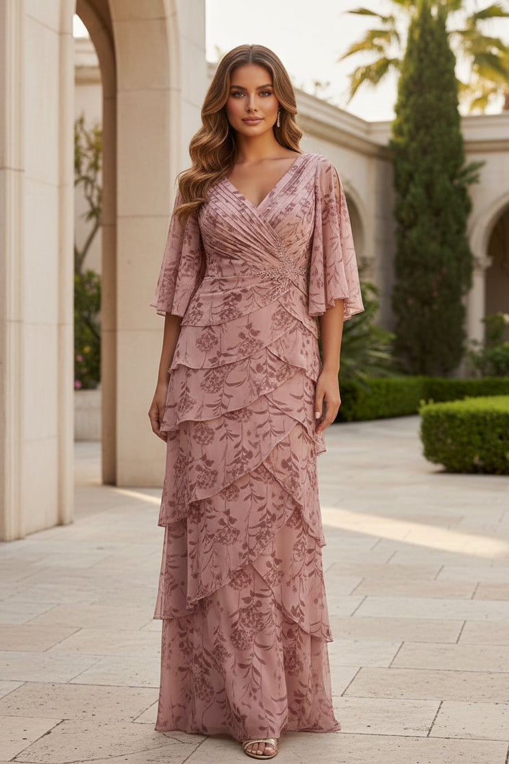 Vestido de Noche con Cuello en V, Escalonado y Floral