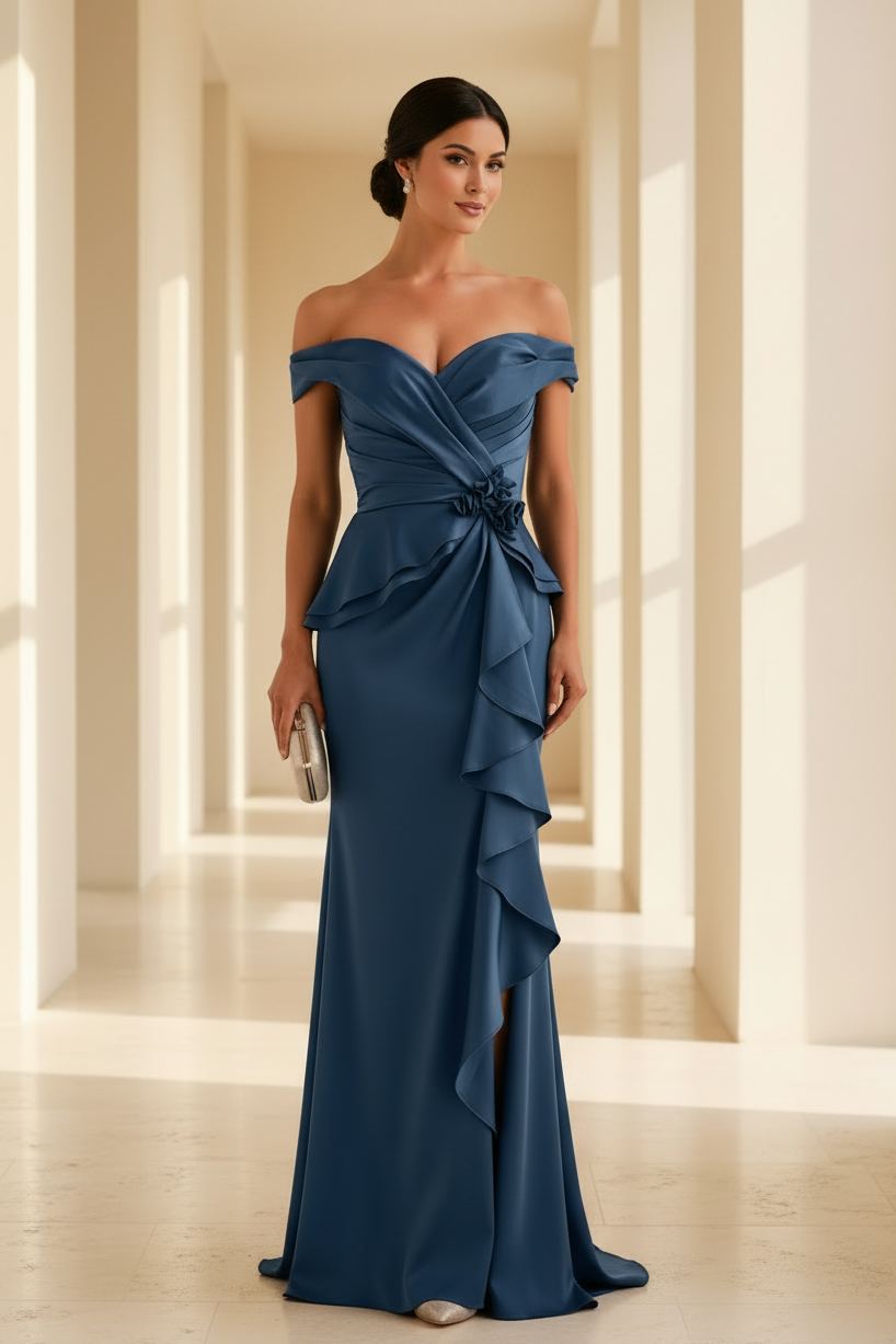 Vestido de Noche Estilo Sirena Peplum con Hombros Descubiertos