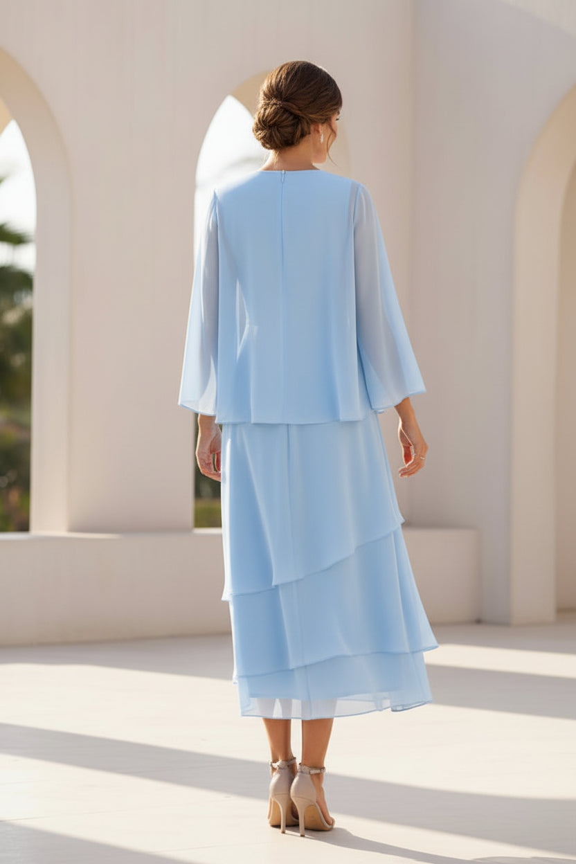 Traje de Noche de Dos Piezas de Encaje y Gasa