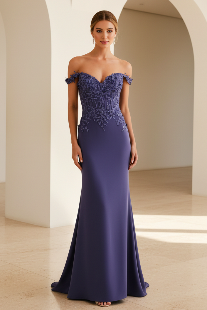 Vestido de cola de sirena con hombros descubiertos y flores 3D