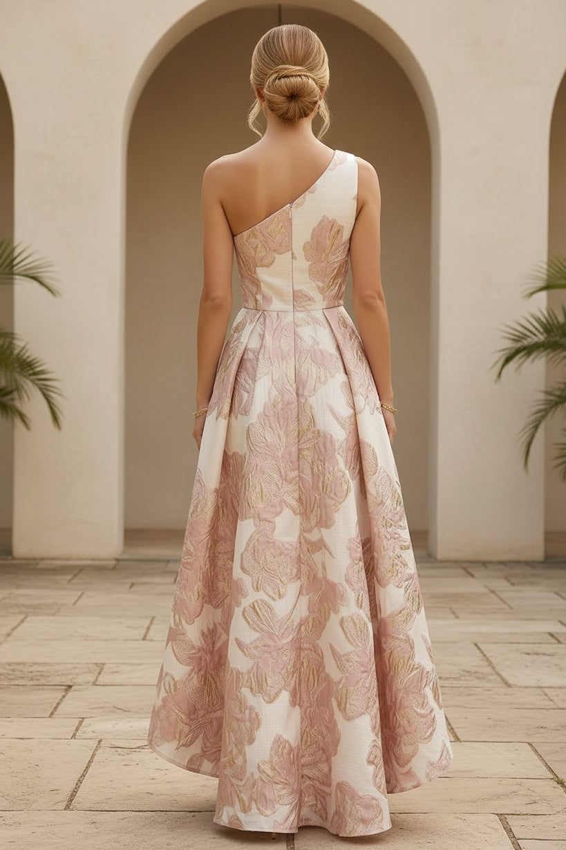Vestido asimétrico largo de jacquard floral de un solo hombro