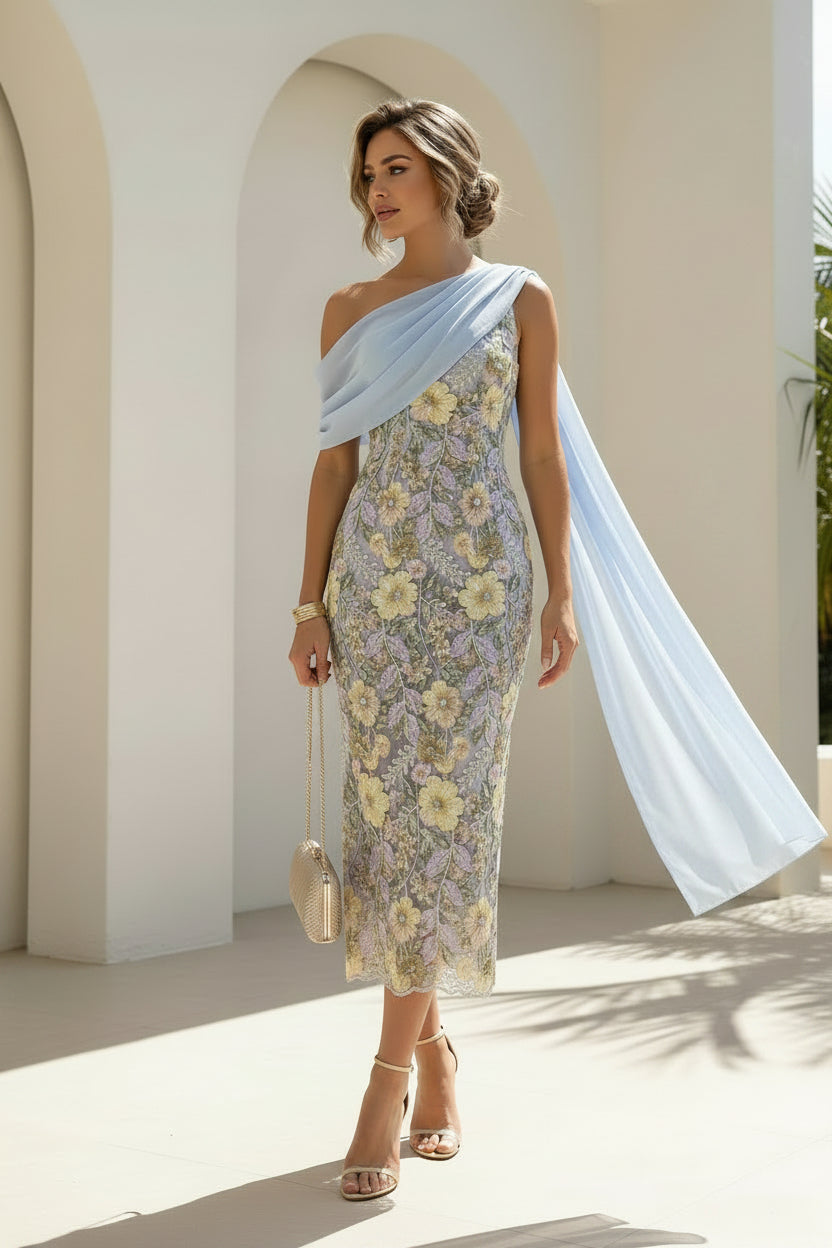 Vestido Midi de Encaje Floral con Un Hombro