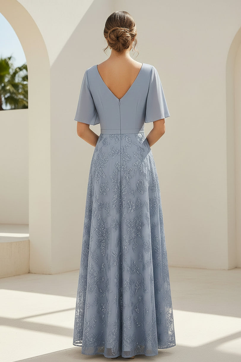 Vestido de noche con cuello en V bordado y mangas de volantes