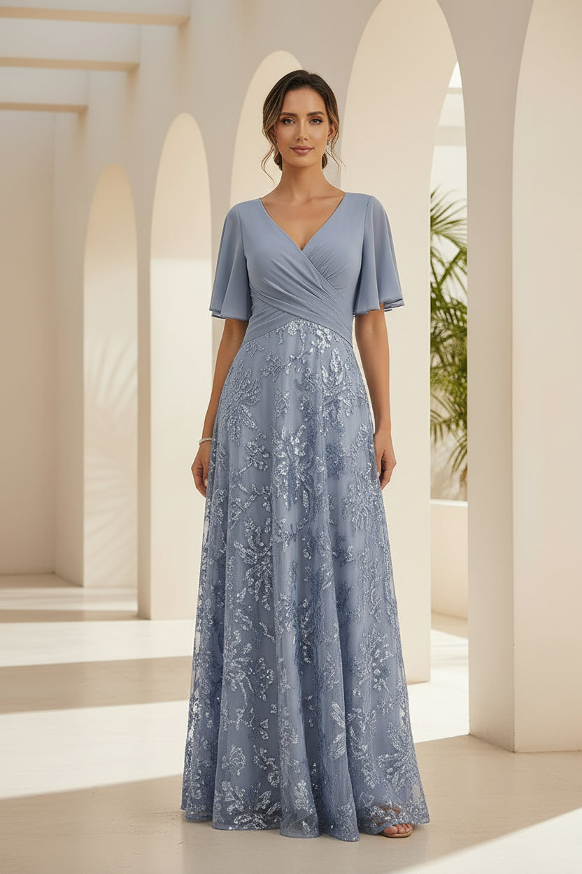 Vestido de noche con cuello en V bordado y mangas de volantes