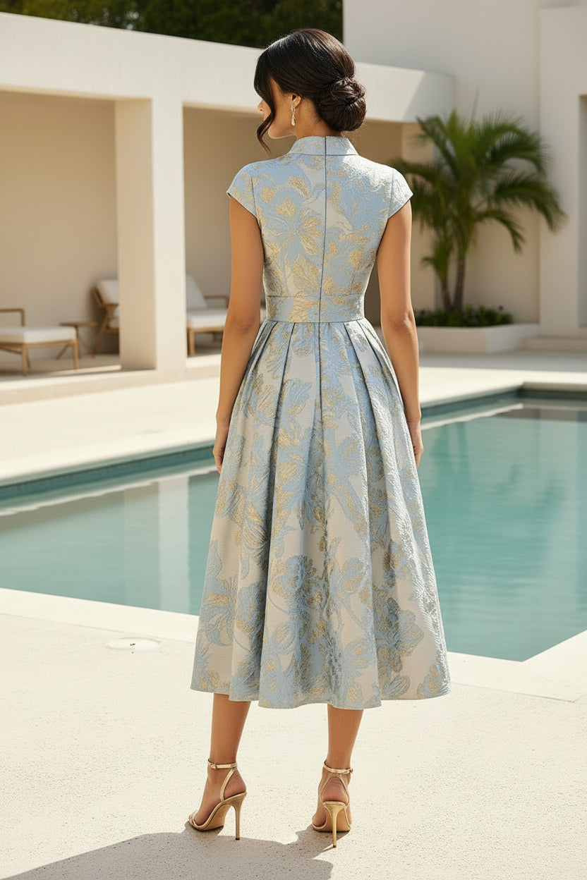 Vestido de línea A largo té de jacquard floral