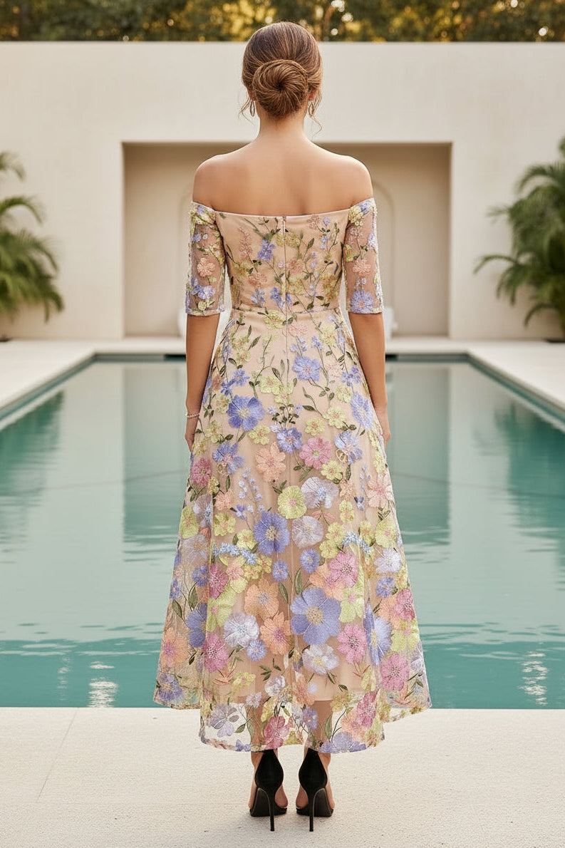 Vestido Midi con Bordado Floral y Hombros Descubiertos