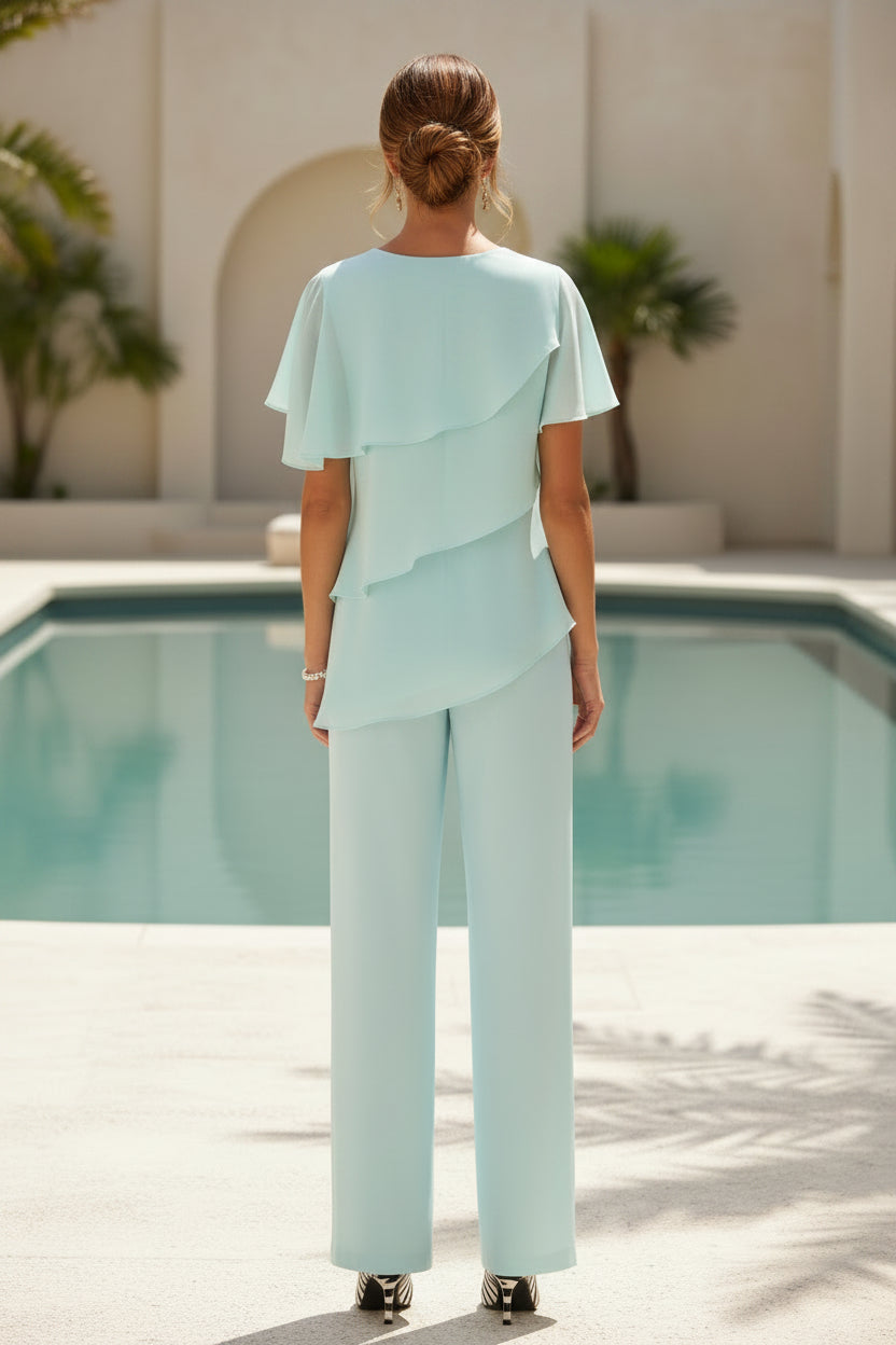 Conjunto de blusa de gasa a capas y pantalón de pierna ancha