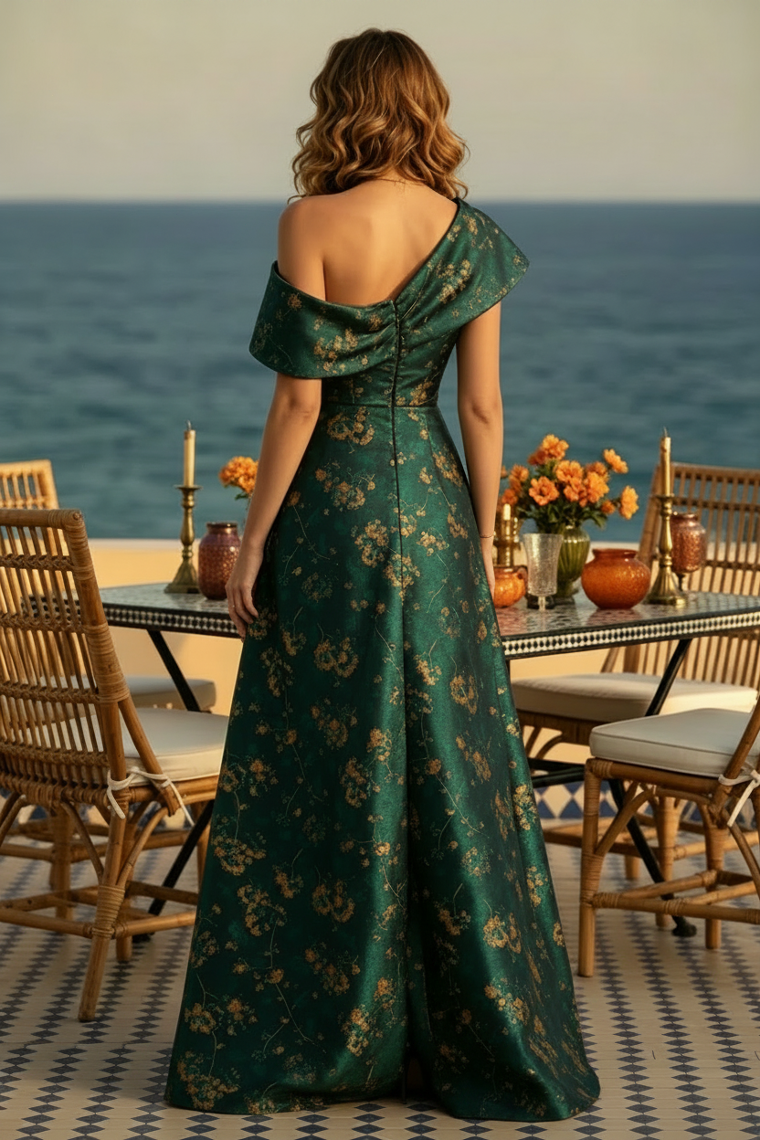 Vestido de noche de jacquard floral con silueta en A y un solo hombro