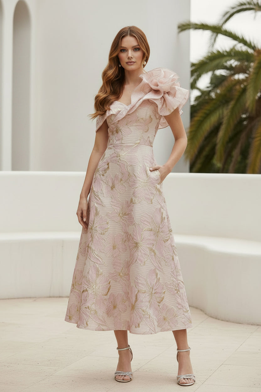 Vestido Midi Jacquard Floral sin Hombros
