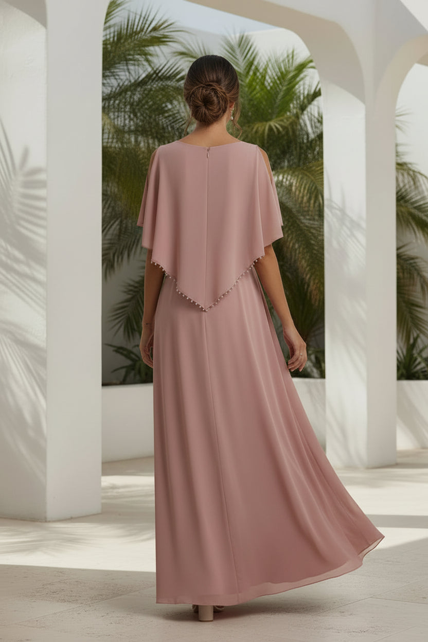 Vestido de Noche Acampanado de Gasa con Mangas Tipo Capa