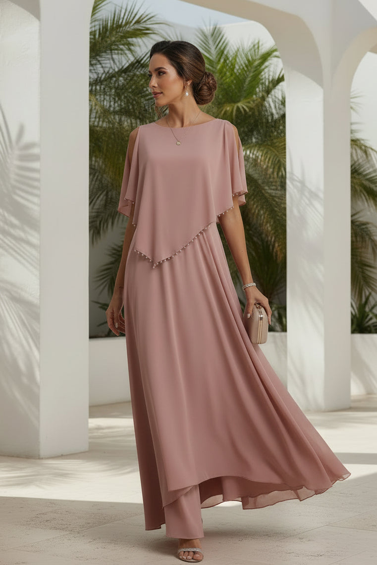 Vestido de Noche Acampanado de Gasa con Mangas Tipo Capa