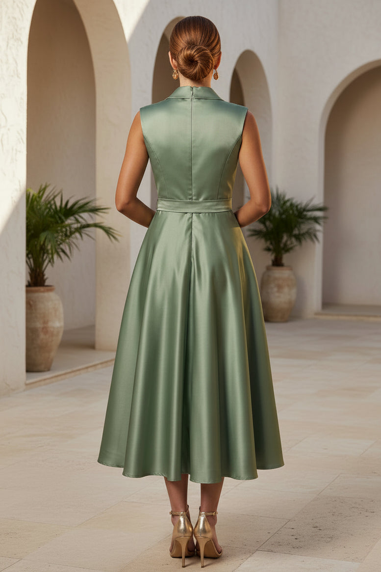 Vestido midi cruzado de satén con solapa de muesca y cinturón de lazo