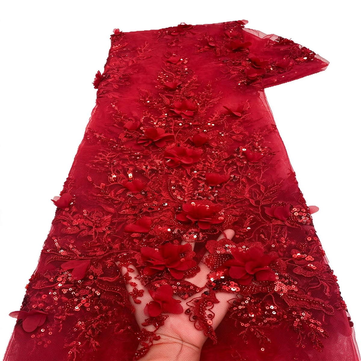 Vestido Largo de Novia Corte A de Encaje de Manga Larga con Aplicaciones Florales 3D