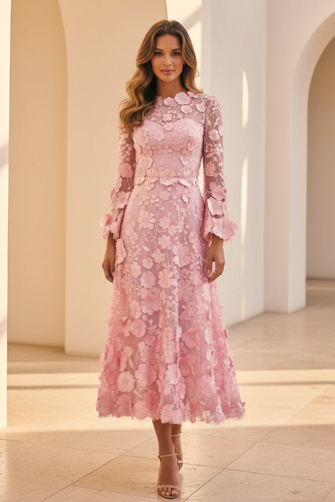 Vestido midi de corte A con apliques florales 3D y mangas acampanadas
