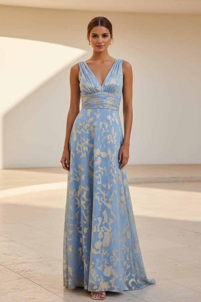 Vestido largo acampanado con escote en V y jacquard metalizado