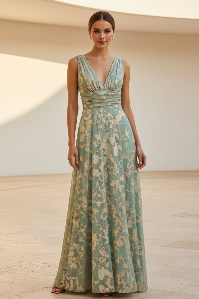Vestido largo acampanado con escote en V y jacquard metalizado