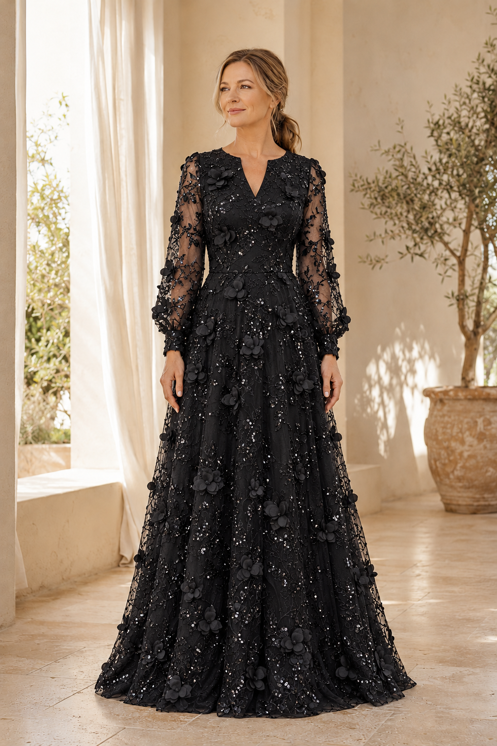 Vestido Largo de Novia Corte A de Encaje de Manga Larga con Aplicaciones Florales 3D
