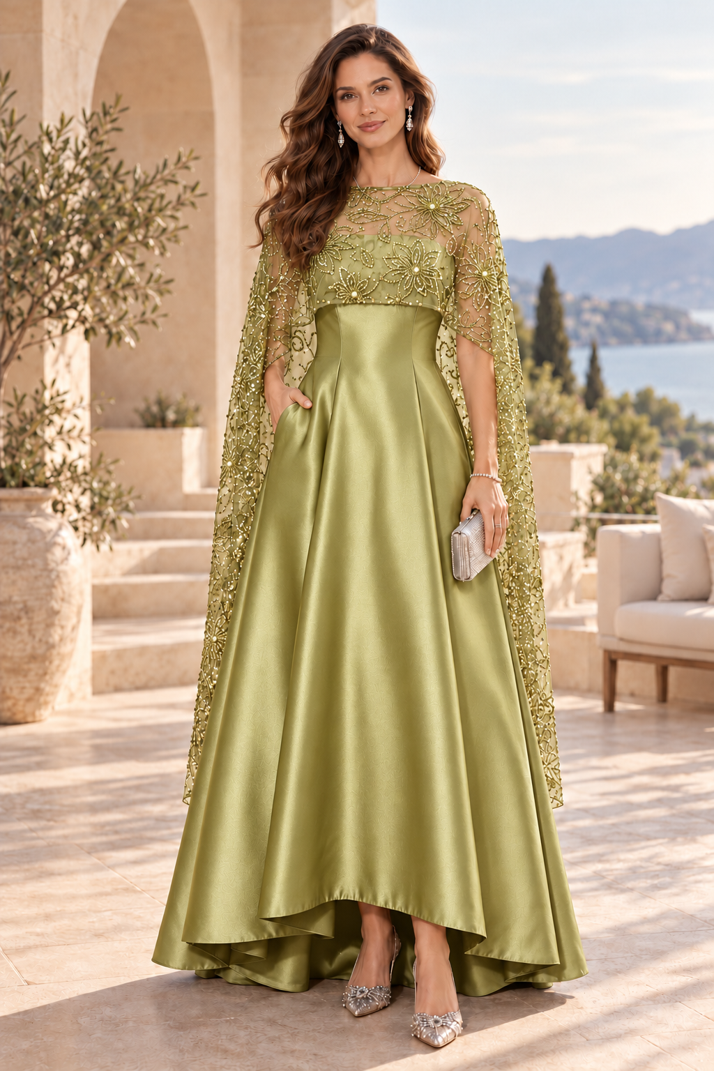A-Line High-Low Gown with Floral Sequin Cape