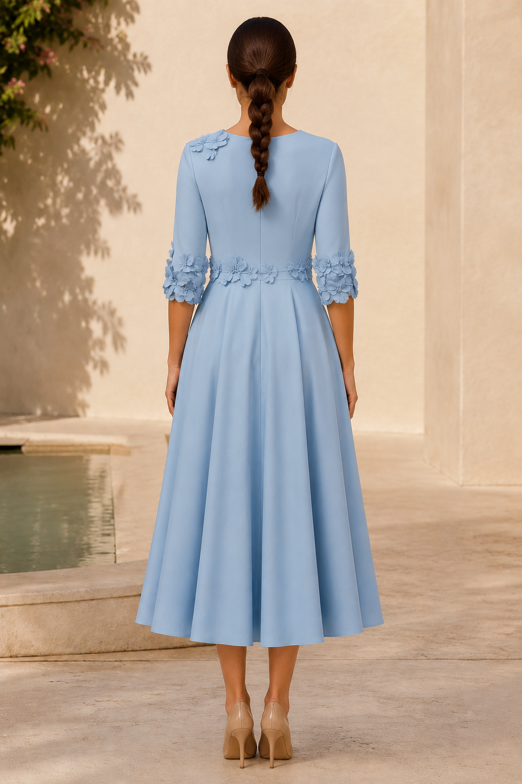 Vestido Midi con Apliques Florales 3D y Mangas 3/4