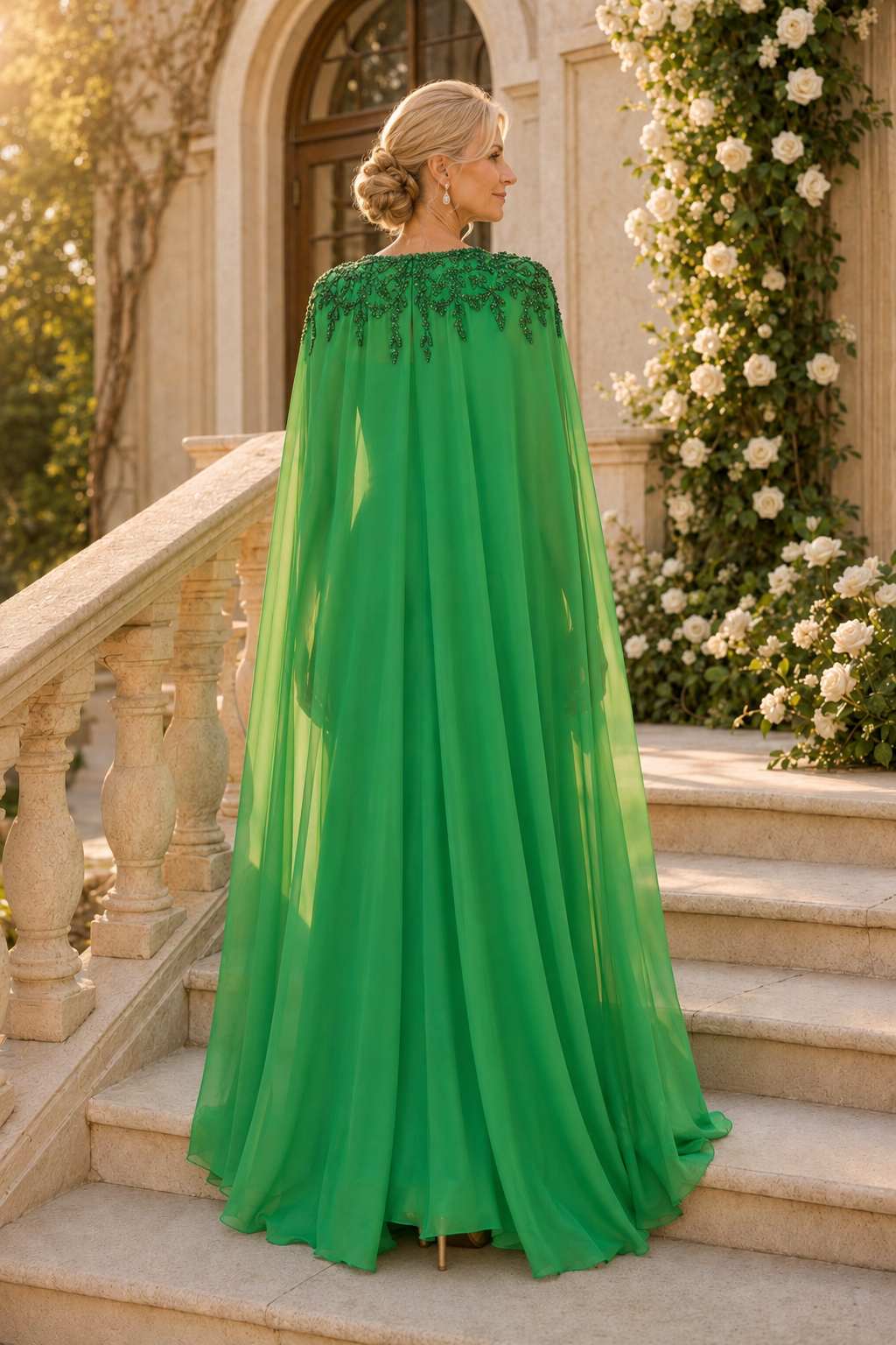 Vestido de Noche Plisado sin Tirantes con Capa Bordada