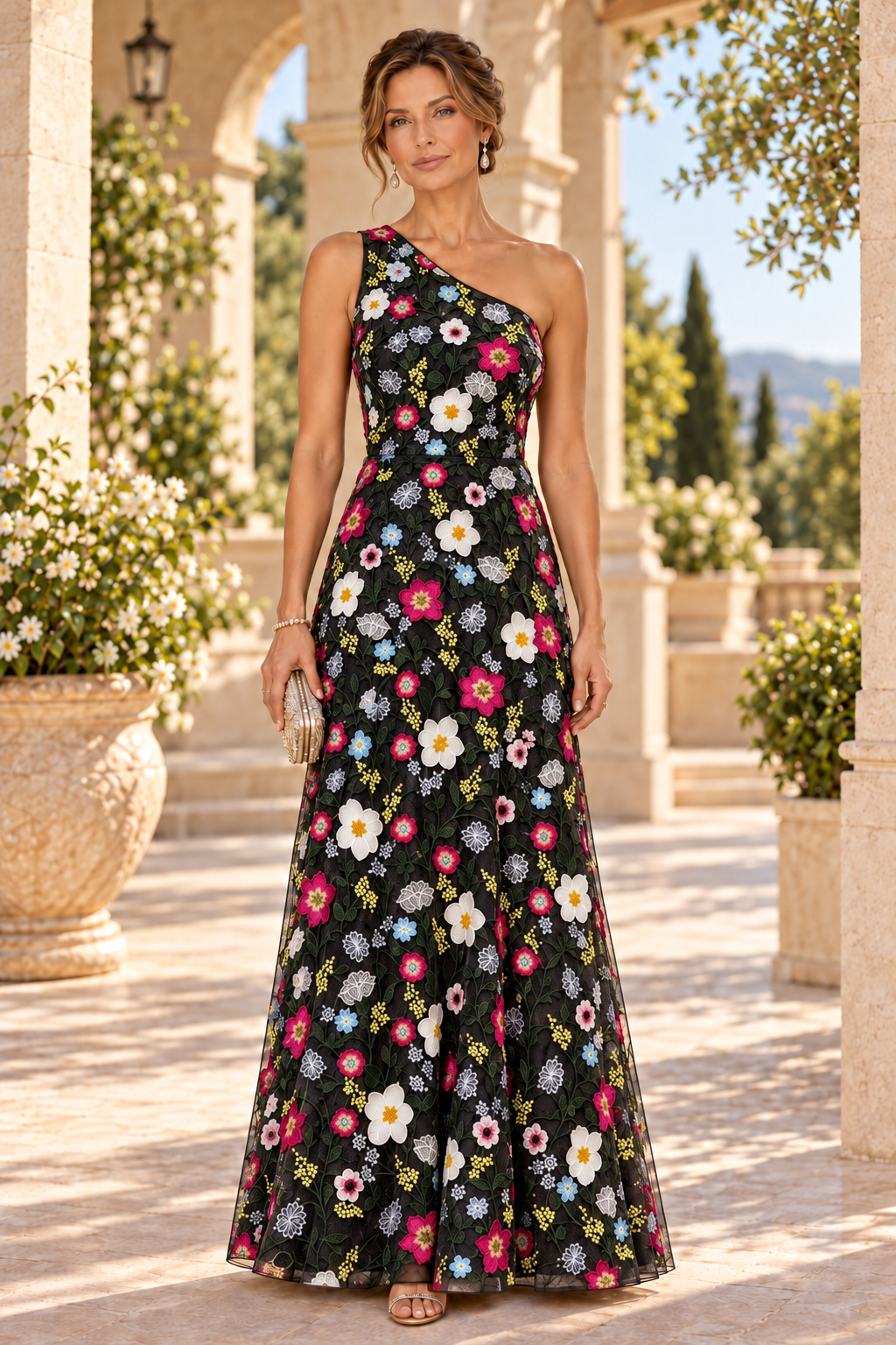 One-Shoulder Floral Embroidered A-Line Gown