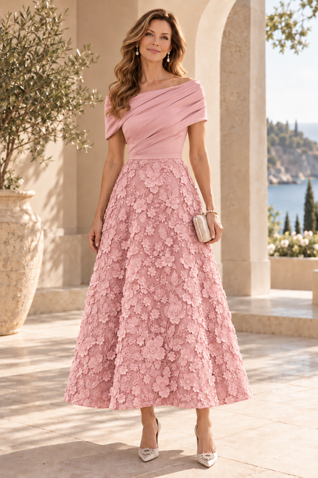 Floral Embroidered Off-the-Shoulder Midi Dress
