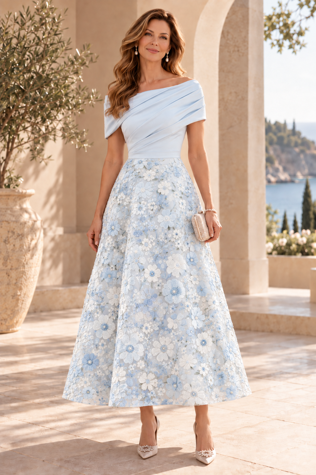 Floral Embroidered Off-the-Shoulder Midi Dress